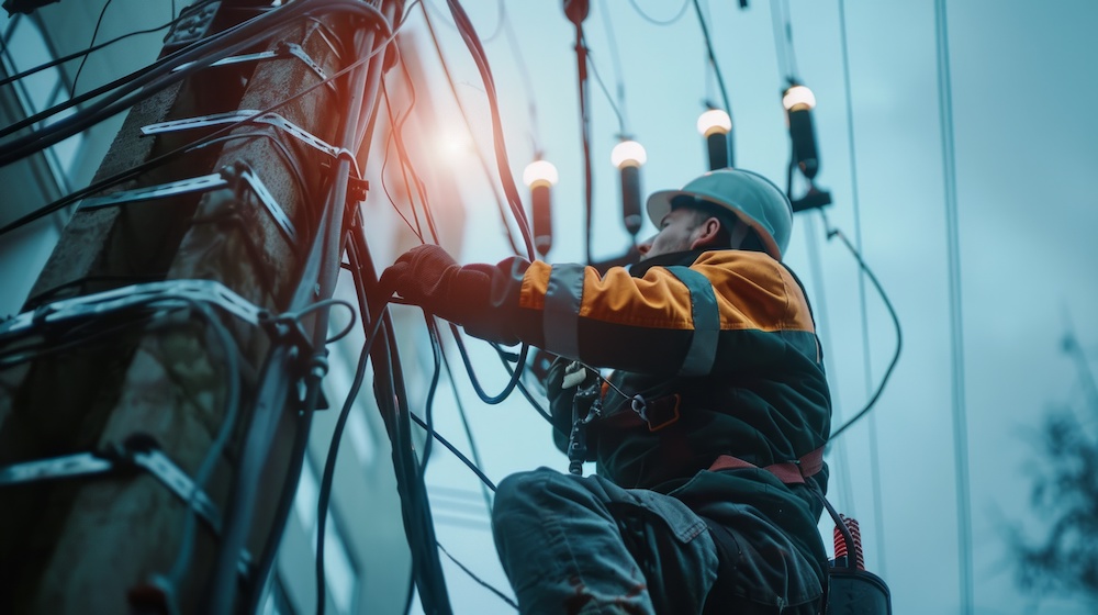 An electrician on ladder is installing receiving antenna for connection and disconnection electrical current on electric power pole.
